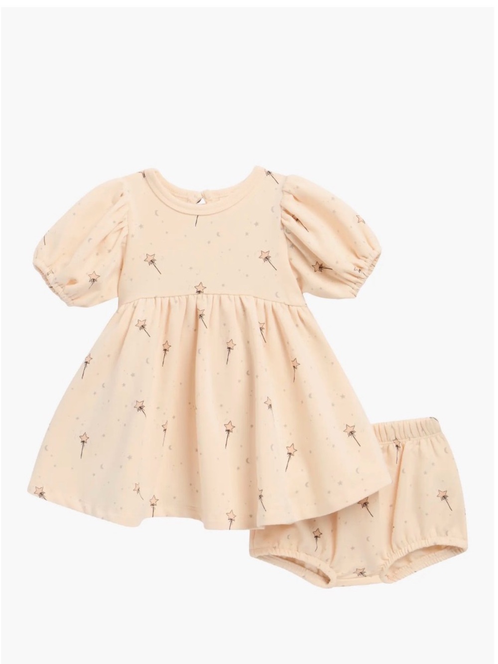 Quincy Mae Peach Wand Starprint Puff-Sleeve Baby Dress with Bloomers